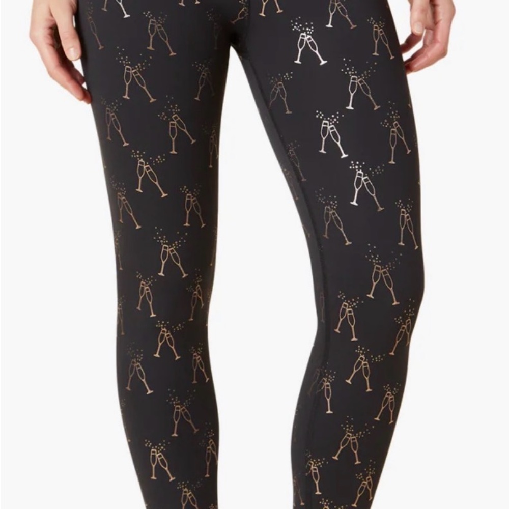 Beyond Yoga Black and Gold Toast Print Leggings